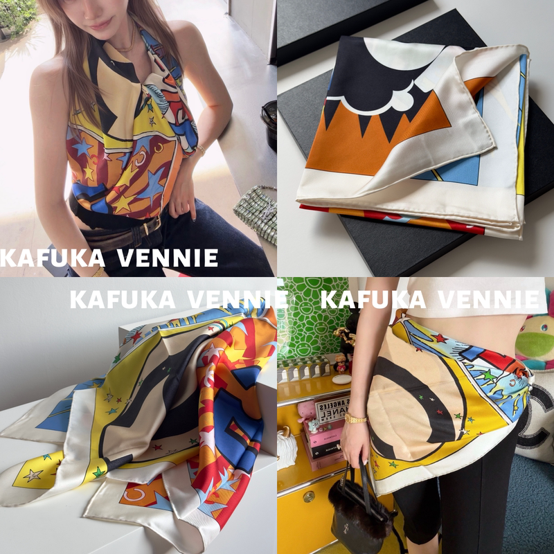 7/28-26A Cartoon Four-Square Grid Print Mulberry Silk Scarf for Women, Summer Beach Neck Scarf, Large Square Scarf, Headscarf, Chest Wrap