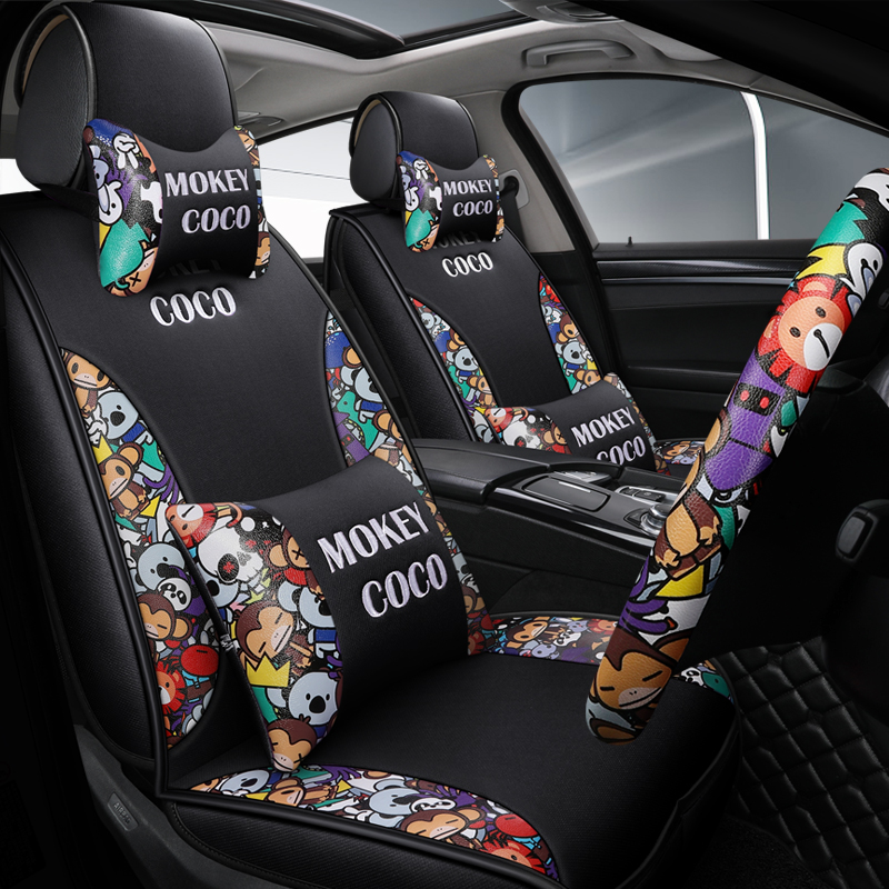 Car cushion ins Net red goddess cartoon cute seat cover linen fabric all-inclusive seat cover four seasons Universal