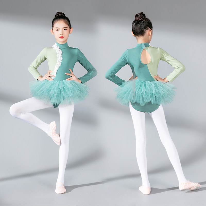 Children Dance Dress Long Sleeves Ethnic Practice Girl Autumn Winter High Collar Color Test Examination China Dance Body Ballet Dresses