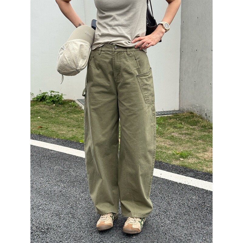 Zhou Xiaoya Army Green Fashion 2026 Summer New Design Workwear Straight Casual Pants for Petite Women Zhou Xiaoya Army Green Fashion 2026 Summer New Design Workwear Straight Casual Pants for Petite Women