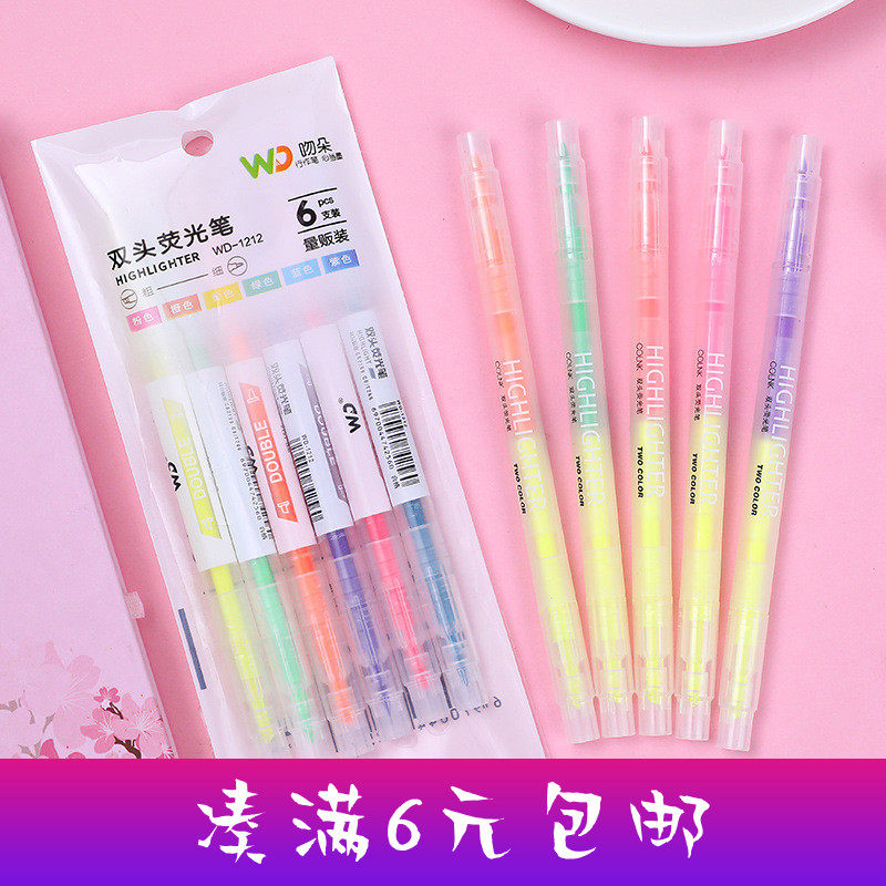 Korean creative double head bicolor fluorescent pen 6 Costume Students Scribe Mark Pen Color Skewed Marker Pen
