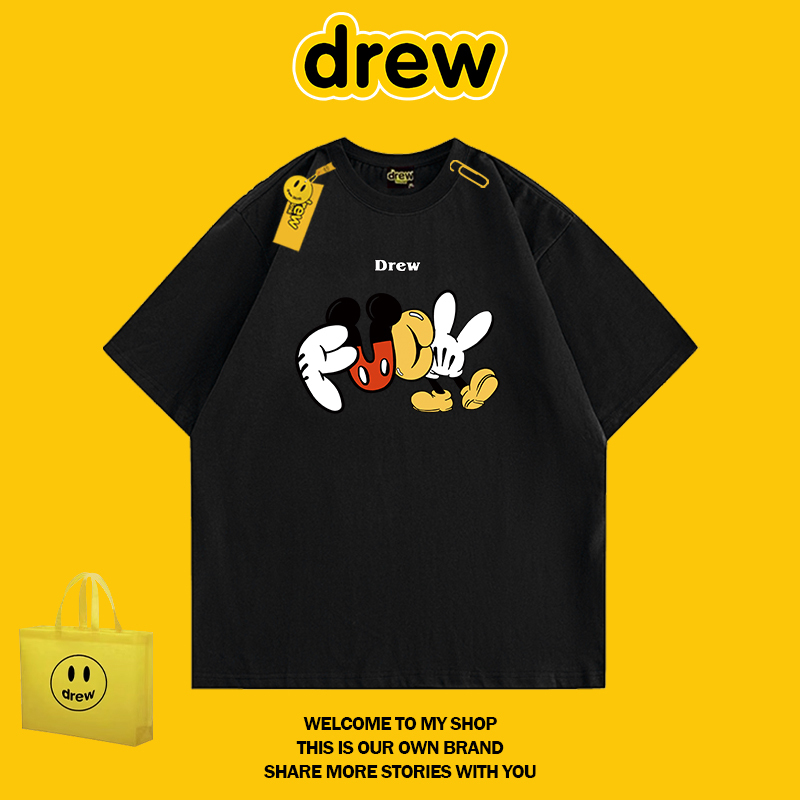 Drew Hussry American Retro Fashion Brand Mickey Fun Print Heavyweight Pure Cotton Short-Sleeved T-Shirt