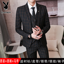 Playboy suit suit Male groom wedding dress Slim Korean version mens suit three-piece suit professional formal dress