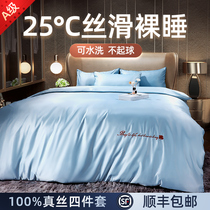 Summer ice silk four-piece set Light luxury style Nordic style ins naked sleeping silk bed sheet duvet cover bedding Cotton bed sheet