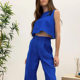 2022 summer new solid color round neck short vest top wide leg trousers European and American fashion cotton and linen two-piece women