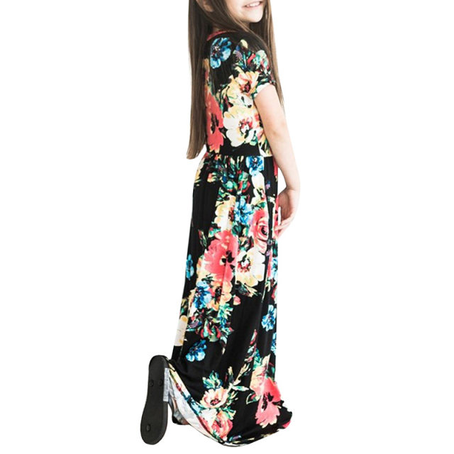 Amazon Children's Clothing Explosion AliExpress Hot Selling European and American Short Sleeve Girls Dress Parent-Child Flower Beach Long Skirt