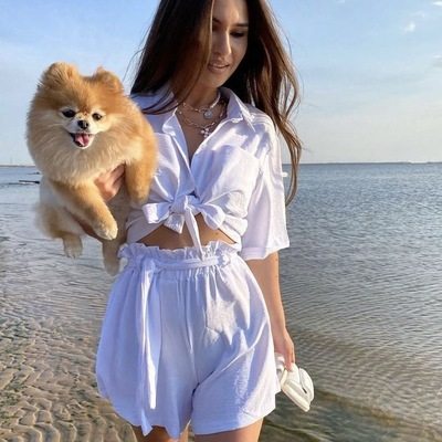 European and American new 2021 women's solid color short-sleeved straps cropped shirts shorts fashion casual beach two-piece suit