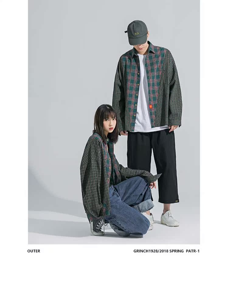 GRINCH1928 SS cấu trúc khâu áo sơ mi nam châu Âu và Mỹ đường phố kiểm tra áo khoác OVERSIZE - Cao bồi quần đùi nam