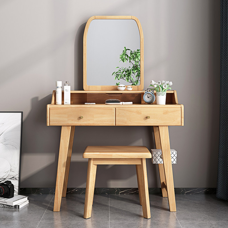 Solid wood dresser modern minimalist with stool mirror combination small apartment bedroom home Nordic log dresser