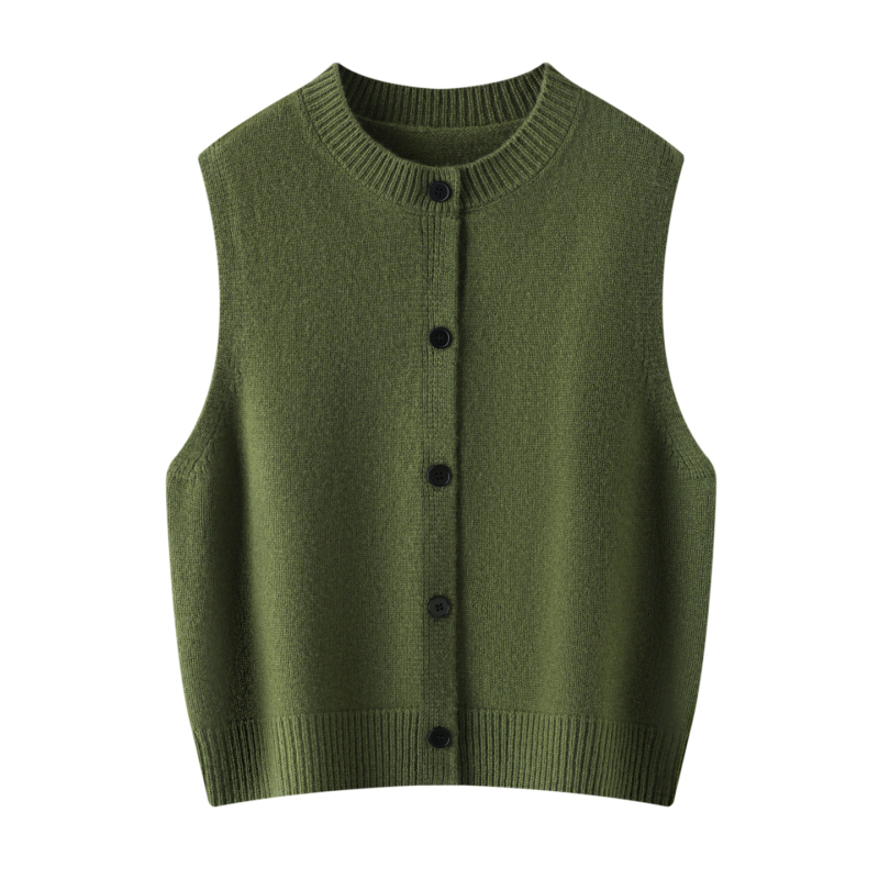 2026 New Wool Knit Cardigan Round Neck Vest for Women Green Sleeveless Sweater Vest Top