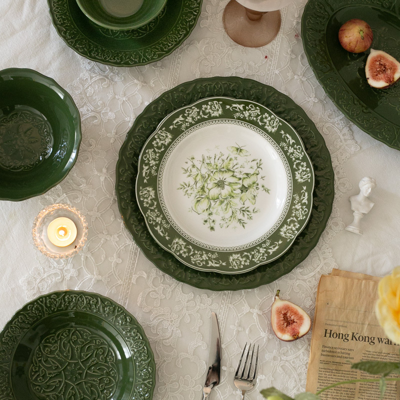 French-Style Emerald Green Vintage Embossed Lace Ceramic Dinner Plate, Ceramic Bowl, Rectangular Plate, Steak Plate, Western Food