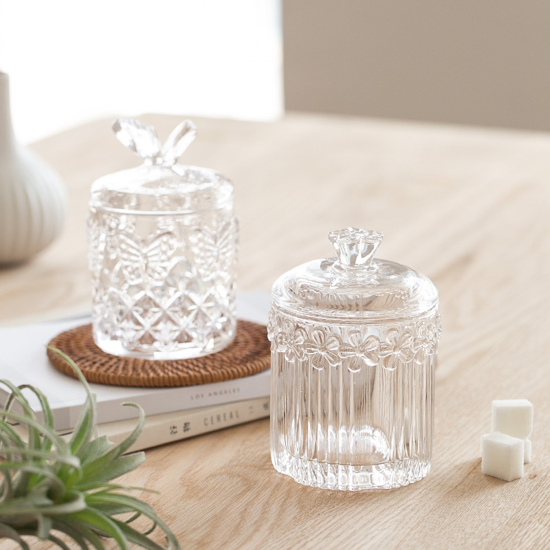 French glass embossed sugar tank cotton swab storage jar dry can can crystal jewelry ins light luxury storage toothpick box