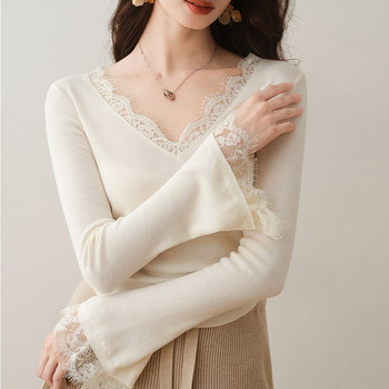 French lace splicing v-neck sweater early autumn new temperament pleated slim bell sleeve top t
