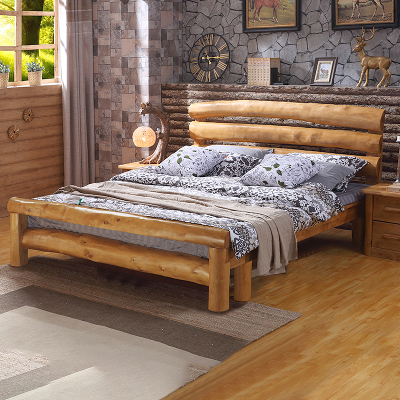Log Hard Board Double Bed Full Berwood Solid Wood Modern Simplicity Chinese Tatami Wood Bed Eco Folk Furniture