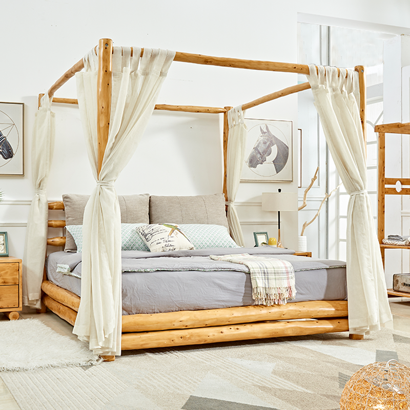 Southeast Asian log homestay four-poster bed all solid wood double bed Japanese-style creative canopy bed master bedroom cypress furniture