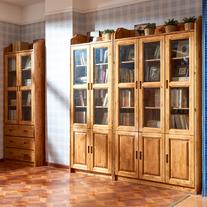 Solid wood bookcase Three-door bookcase Full Berwood Two-door bookcase Modern Chinese style with glass door Book house furniture Customized