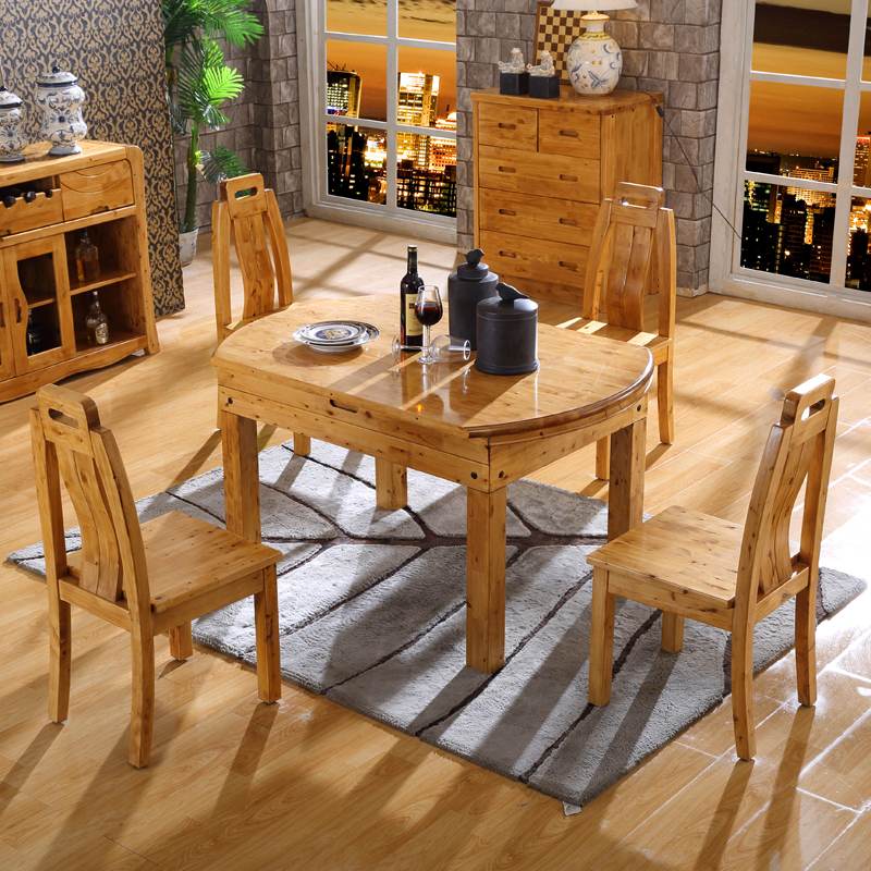 Full solid wood dining table and chairs Berwood folding dining table and chairs combined telescopic round table dining table 8 people table log furniture