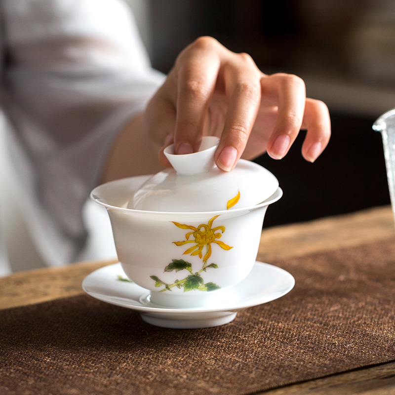 Sweet White Hand-painted Triple cover Bowl Tea Cup Big ceramic Bubble Tea Bowl Kung Fu White Porcelain Hand Grab Bowl Suit Home Tea Ware