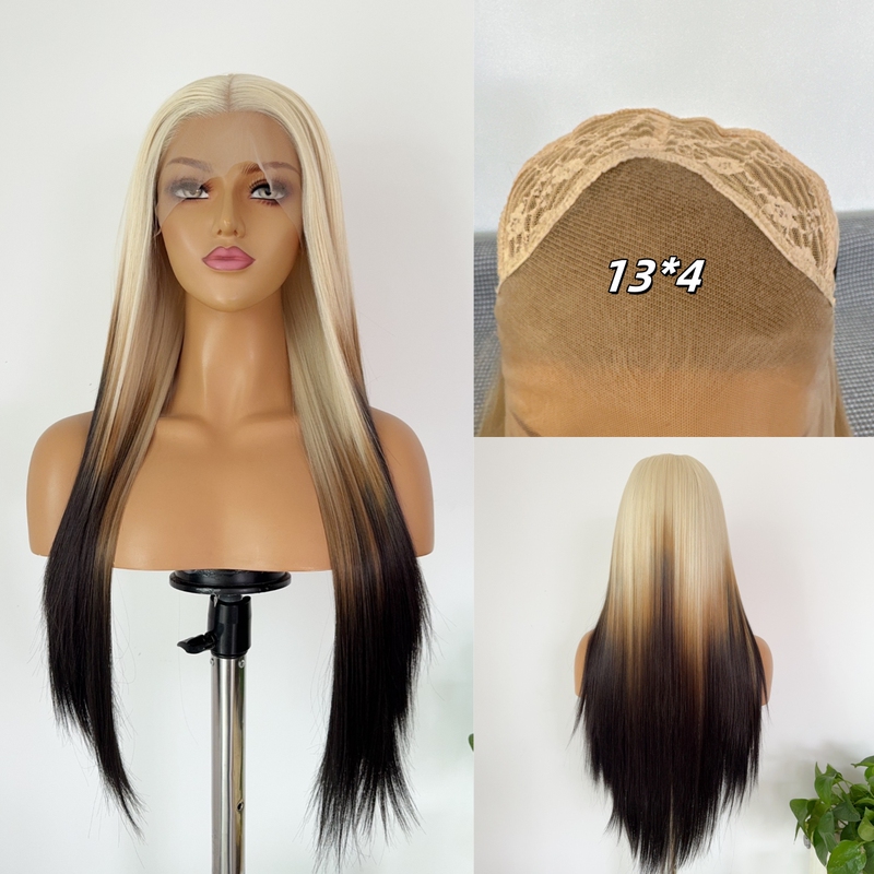 Gradient Brown Gold Long Straight Hair Full Headgear Hand Hook Lace Chemical Fiber High Temperature Silk Wig Universal Cos Natural and Versatile