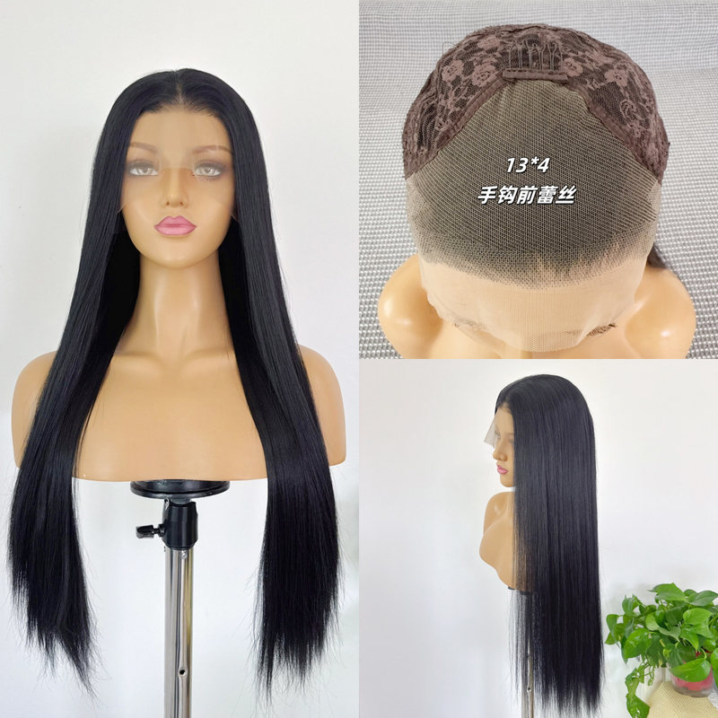 Natural Black Lace Front Hand-Tied 13X4 Long Straight High-Temperature Fiber Universal Anime Cosplay Wig Full Headpiece