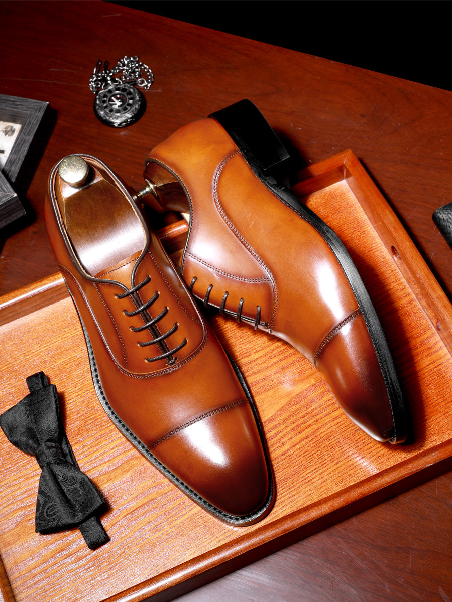 Men's Formal Height-Increasing Leather Shoes, Genuine Leather Three-Joint Brown Oxford Shoes, Handmade Internal Height-Increasing Business Pointed-Toe Men's Shoes