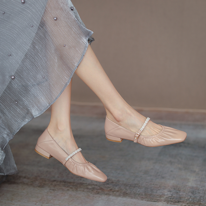 Deer and Nara sweet and cool commuter style ~ leather temperament literary pearl two wear flat bottom Mary Jane single shoes women