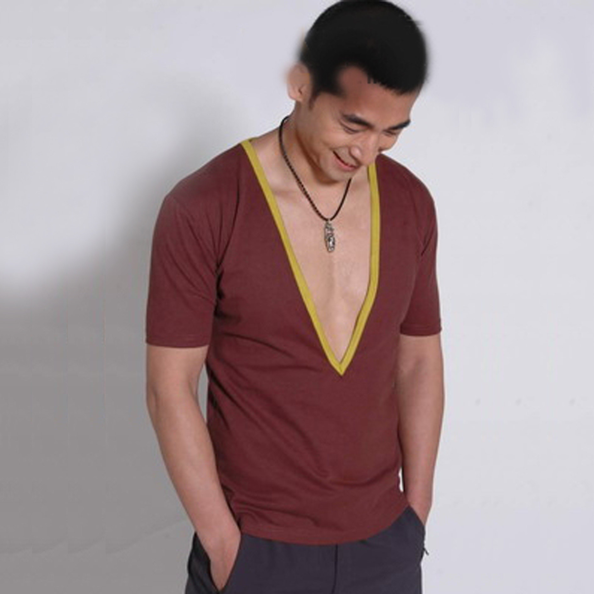 Customize summer dress men short sleeves deep large V neckline elastic tight T-shirt half sleeve T-shirt summer clothes trendy date red