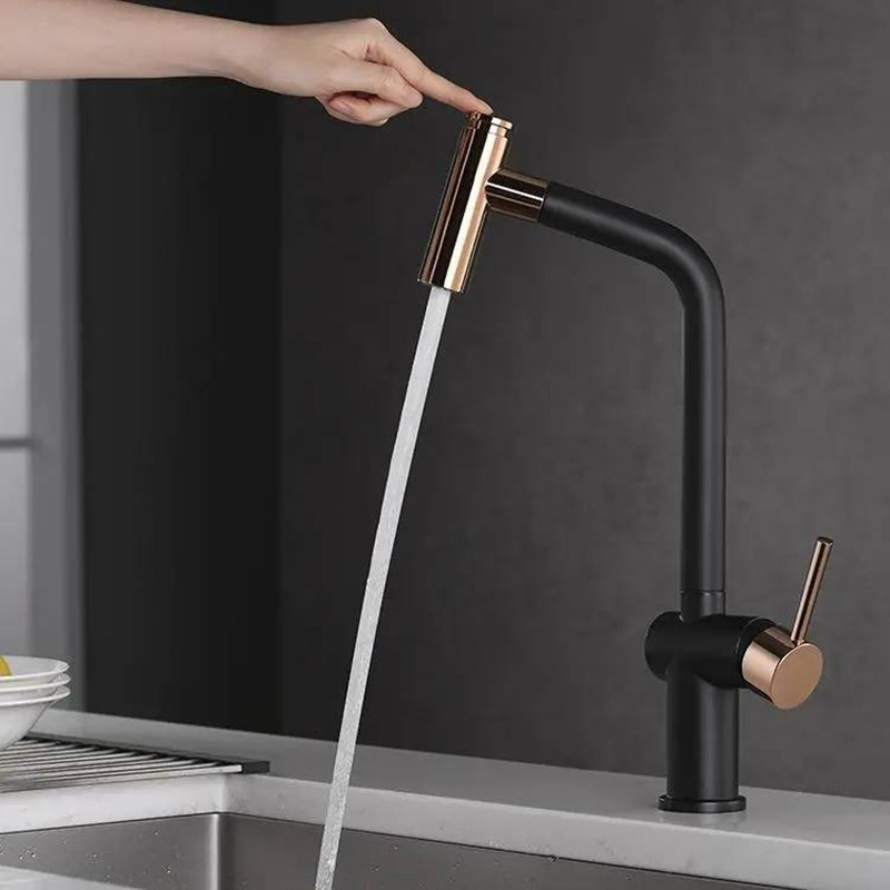 Kitchen Sink Pull-Out Rotating Faucet Black Hot and Cold Water Universal Telescopic Splash-Proof Sink for Home Use