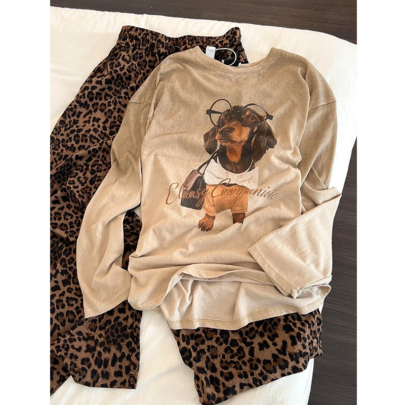Leopard Print Puppy Print Long-Sleeved Long Pants Pajama Set for Women 2026 Spring and Autumn Loose Lazy Style Can Be Worn Outside Home Clothes Leopard Print Puppy Print Long-Sleeved Long Pants Pajama Set for Women 2026 Spring and Autumn Loose Lazy Style Can Be Worn Outside Home Clothes
