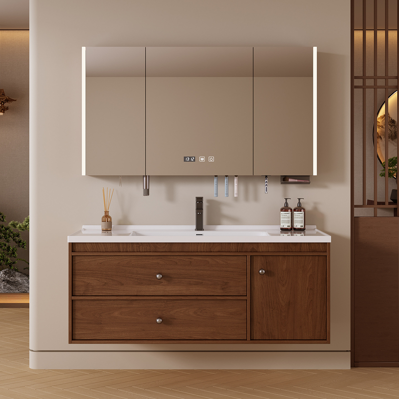 Mufeng Youjia Walnut-Colored Mid-Century Style Solid Wood Bathroom Cabinet with Integrated Ceramic Basin, Bathroom Sink, Washbasin Cabinet Mufeng Youjia Walnut-Colored Mid-Century Style Solid Wood Bathroom Cabinet with Integrated Ceramic Basin, Bathroom Sink, Washbasin Cabinet