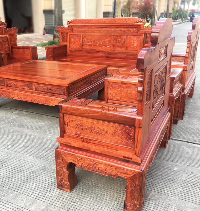 Sofa gỗ gụ Miến gỗ hồng mộc Miến Điện đặt hàng tám bộ sofa gỗ hồng hoa quả lớn làm dày bảng đơn chạm khắc phong cảnh - Bộ đồ nội thất giường gấp thông minh
