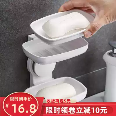 Soap box suction cup wall-mounted household large double-layer soap box creative drain non-perforated cosmetic room rack