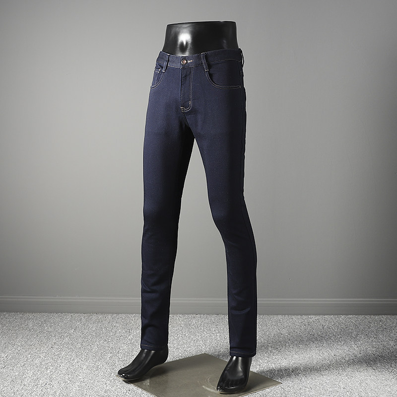 Brushed autumn and winter new foreign trade cut label men's casual warm slim stretch jeans long trousers trendy