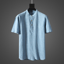 Comfortable cotton linen foreign trade cut mens Chinese style cotton linen mens small Stand Collar Linen short sleeve shirt mens tide