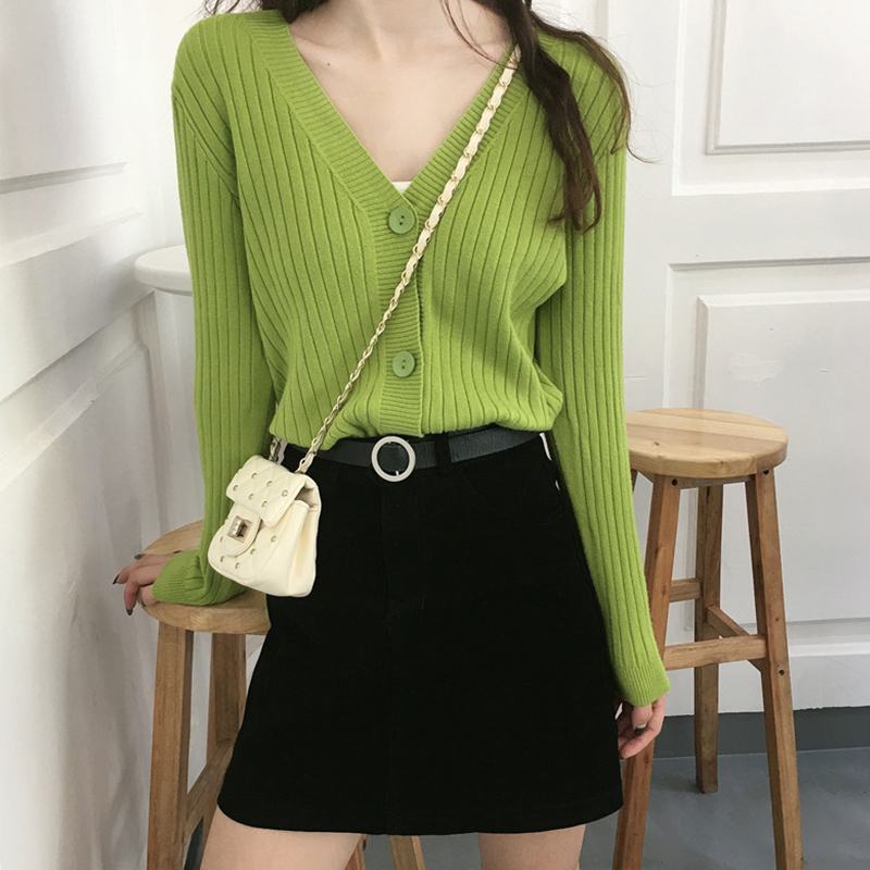 Avocado Green V-Neck Knitted Cardigan for Women, Spring and Autumn Korean Style, Unique Sweater Jacket, Long-Sleeved Outerwear Top