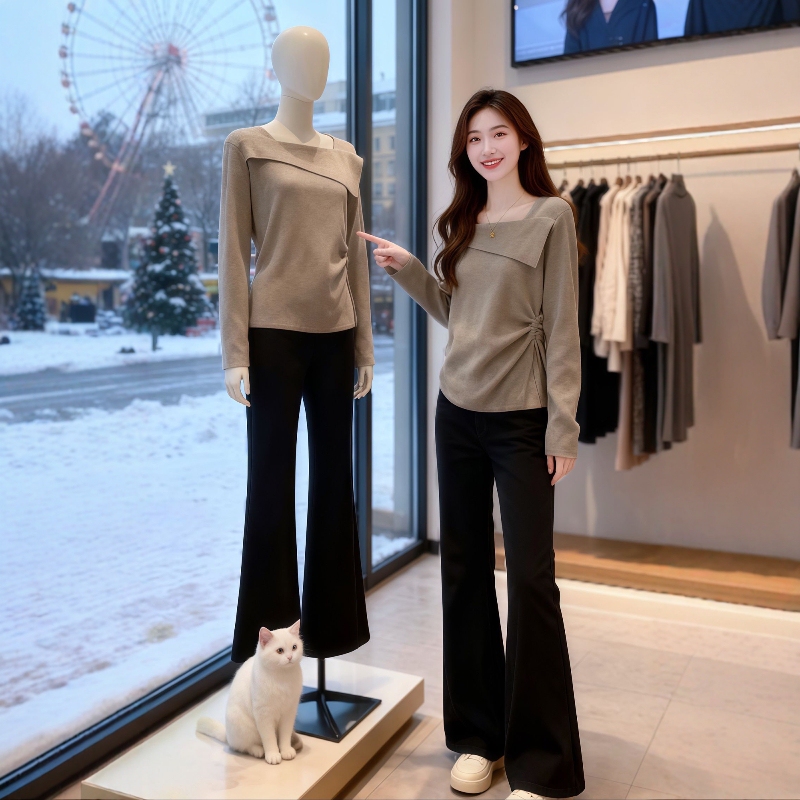 Plus Size Square Neck Irregular Long-Sleeve T-Shirt for Women, 2026 Autumn New Style, Slimming, Tummy-Covering, Waist-Cinching, Unique Top Plus Size Square Neck Irregular Long-Sleeve T-Shirt for Women, 2026 Autumn New Style, Slimming, Tummy-Covering, Waist-Cinching, Unique Top