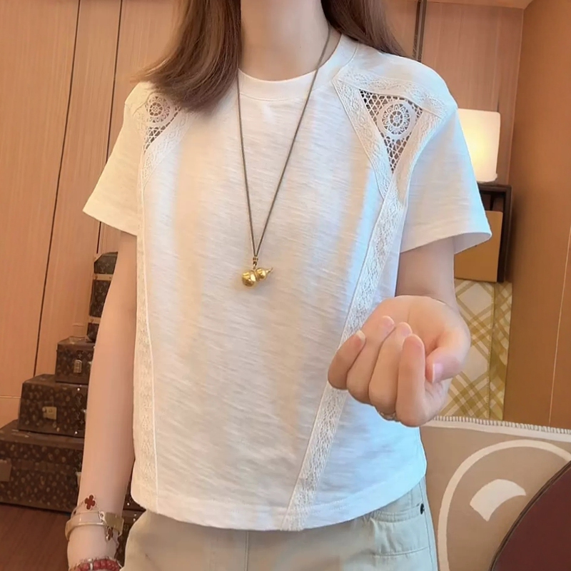 Korean Style Lace Patchwork Hollow-Out Short-Sleeve T-Shirt for Women 2026 Summer Plus Size Fashionable Loose Versatile Trendy Top