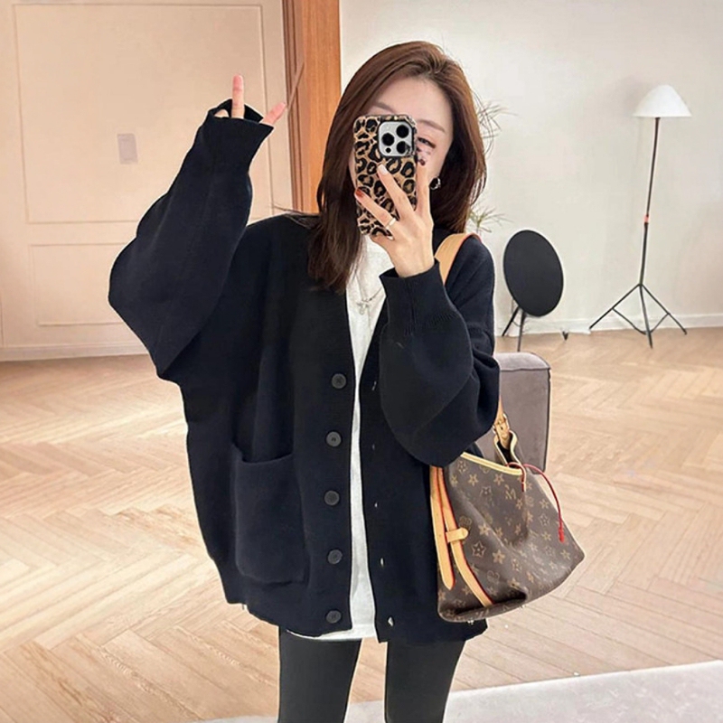 Black Sweater Cardigan Jacket for Women 2026 Spring Plus Size Fat mm Lazy Style Loose Mid-Length Knit Top