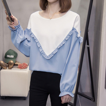 Lotus leaf side snowspun splicing long sleeves T-shirt Female 2022 Spring new fat mm foreign air relaxed display of thin blouses