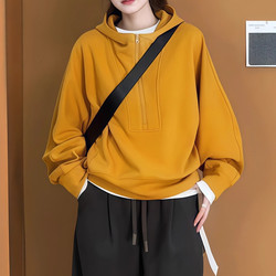 American-Style Loose Half-Zip Hooded Sweatshirt for Women, 2025 Autumn, Plus Size, Lazy Style, Versatile, Slimming Top