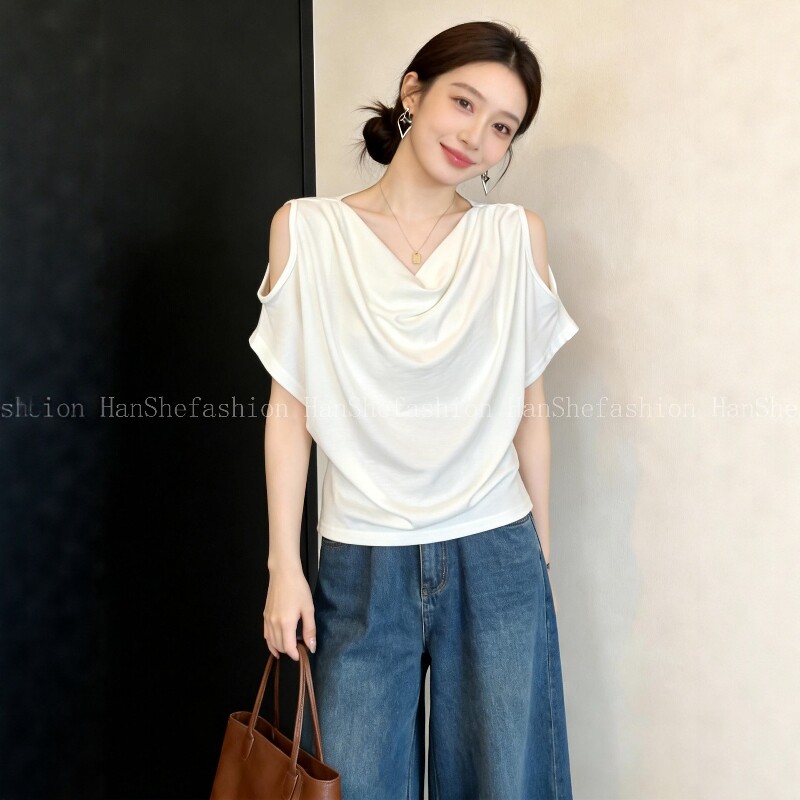 法式露肩荡领短袖t恤女夏季新款大码胖mm韩系宽松气质设计感上衣