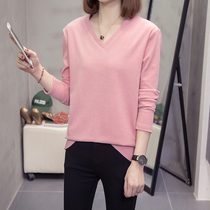 v collar Long sleeves T-shirt 2022 Spring new big code Women in fat mm Thin Pure Color Inner Hitch Bottom Shirt Tide