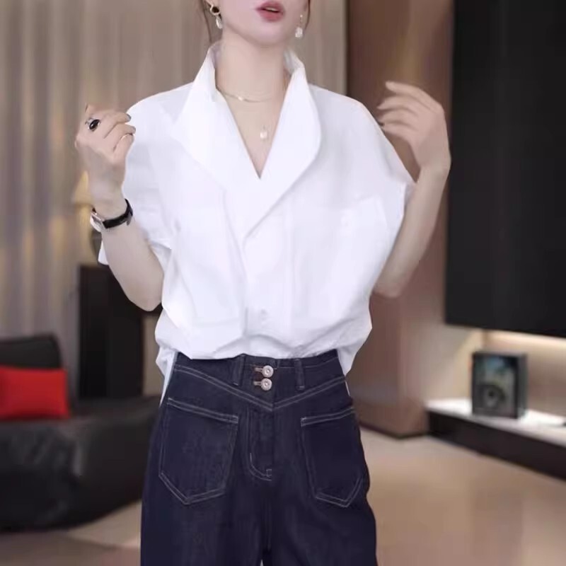 French-Style White Pure Cotton Long-Sleeved Shirt for Women, Spring New Style, Plus Size, Design-Focused, Niche Lapel Shirt