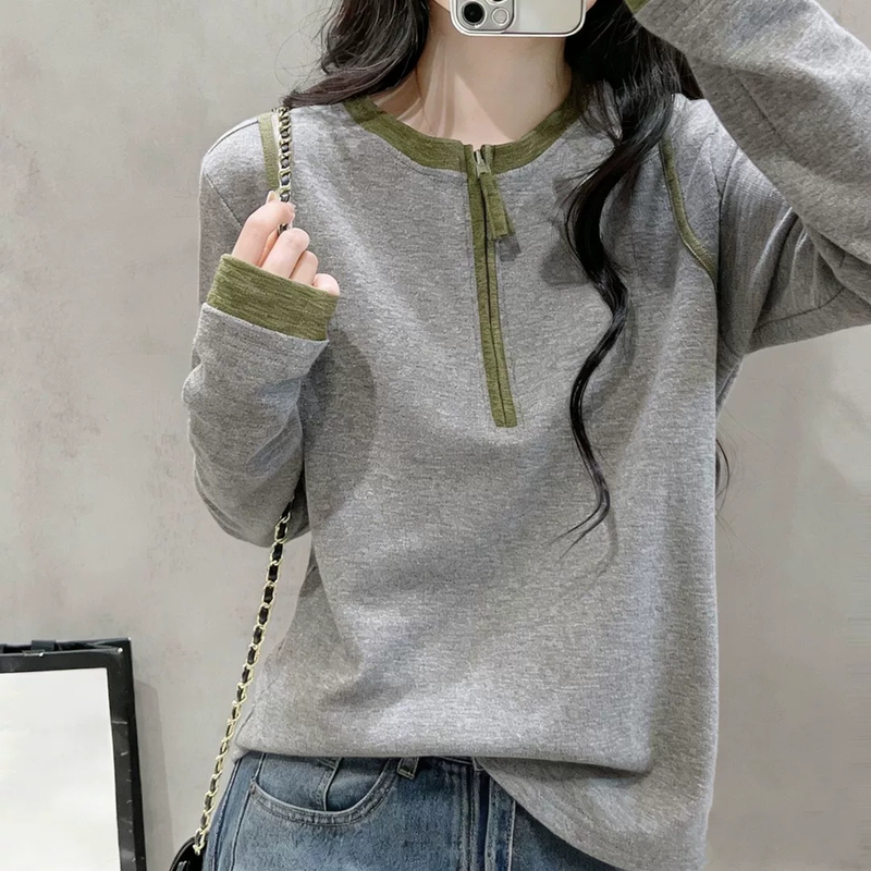 Plus-Size Designer Niche Half-Zip Pure Cotton Long-Sleeve T-Shirt for Women, Autumn, Loose Fit, Inner Layer Base Shirt Top for Chubby Women