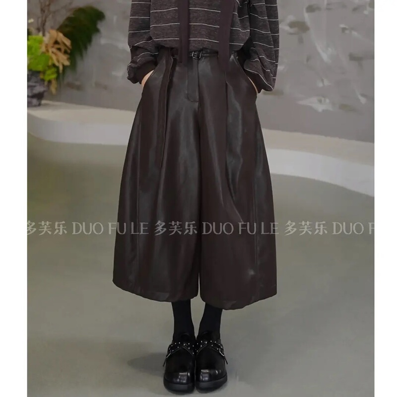 European Style Cropped Leather Pants 2026 Early Autumn New Vintage Slimming Versatile Wide-Leg Cropped Leather Pants with Belt