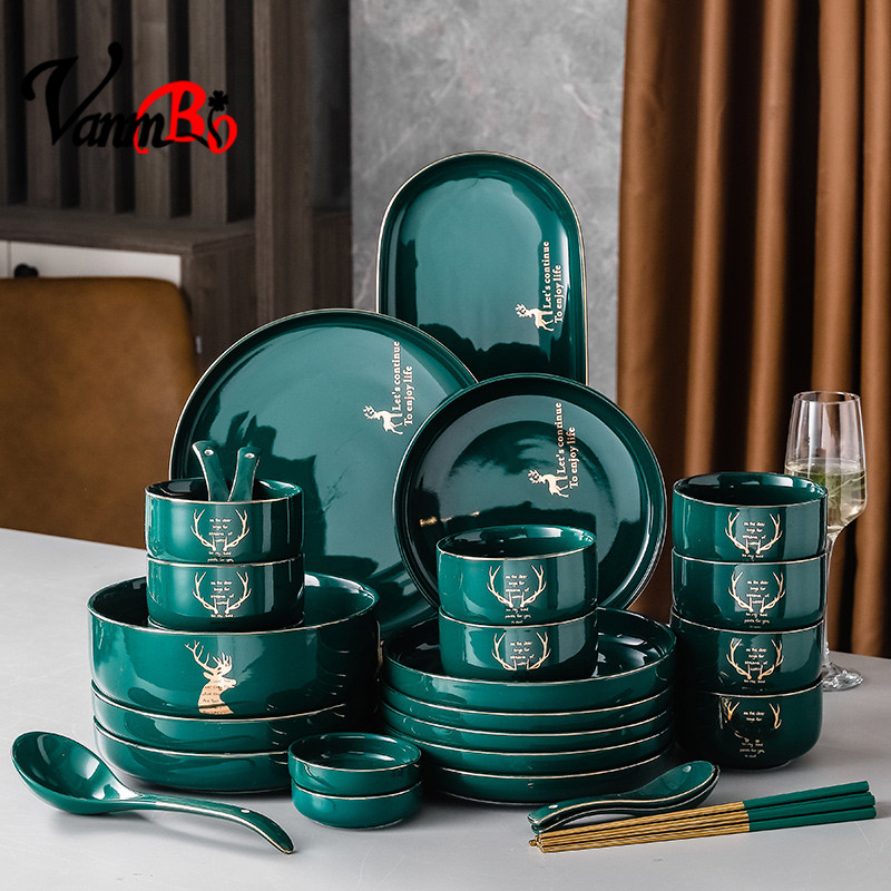 Nordic light lavish Mother Green Day style cutlery dishes Dish Suit Home Upscale Small Creative Soup Bowl Chopsticks plate Composition