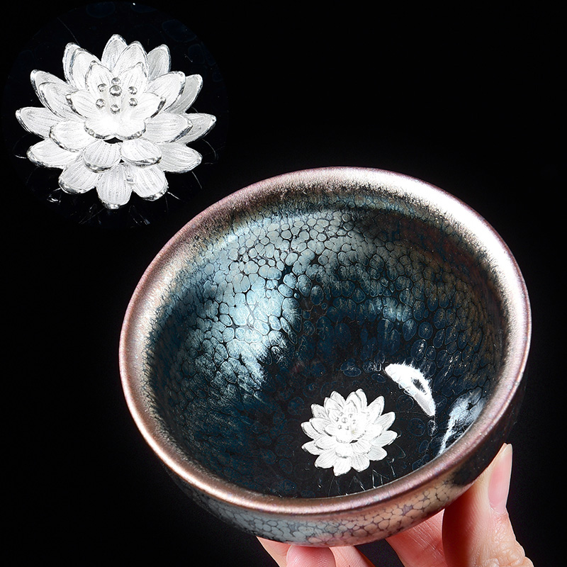 Hand-inlaid silver iron tire to build a Tea Cup home with Sky eye glaze oil drops build Master Cup Tea Cup single cup gift box