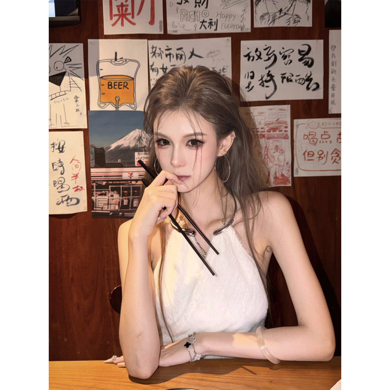 Sweet Shrimp Pie Soft Fluffy Shoulder Soft and Plush Metallic Base Halter Top Pure Desire Hot Girl Slim Fit Tank Top