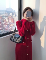 Red Retro Open-shoulder Semi-High Neckline Dress Woman 2021 New autumn and winter workout temperament Bottoms Sweater Long Dress