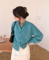 2022 Early spring new womens dress gentle retro Lazy Sweater Cardiovert woman short Lantern Sleeves Foreign Air Knit Jacket